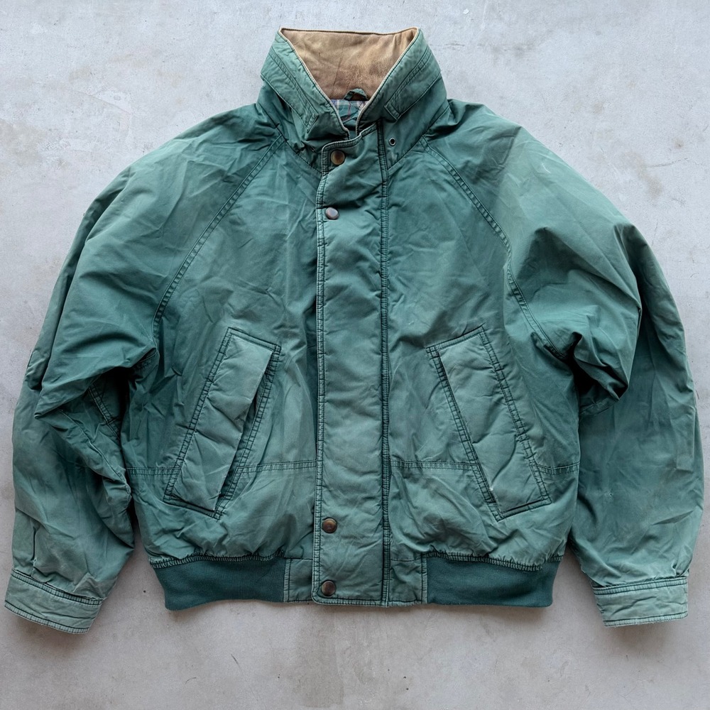 Vintage St Johns Bay Green Bomber Jacket Leather Collar Plaid Lined Large